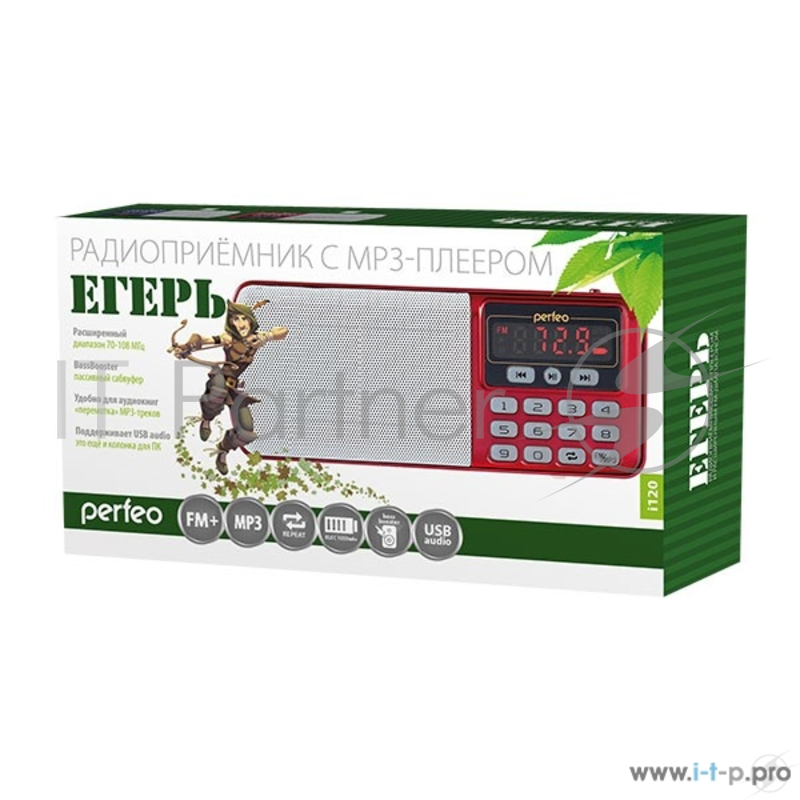 Радиоприемник цифровой Perfeo ЕГЕРЬ FM+ 70-108МГц/ MP3/ питание USB или BL5C/ красный(i120-RED)