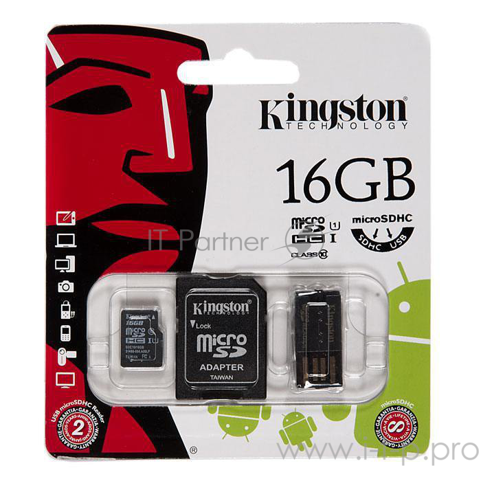 Флеш карта microSDHC 16Gb Class10 Kingston MBLY10G2/16GB + adapter