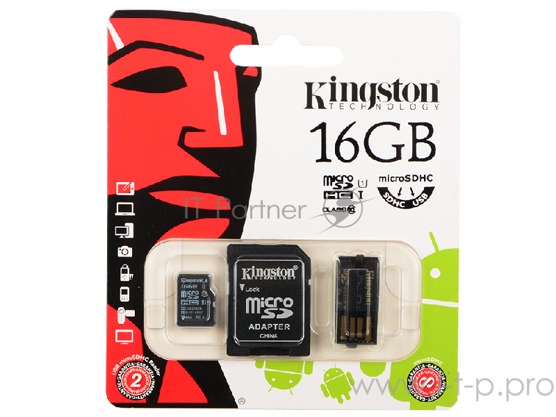 Флеш карта microSDHC 16Gb Class10 Kingston MBLY10G2/16GB + adapter