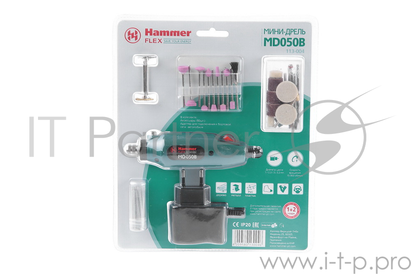 Дрель Hammer Flex MD050B 262594 113-004 {Дрель (мини) 12В 1-3.2мм 15000об/мин + аксессуары 80шт, в блистере}
