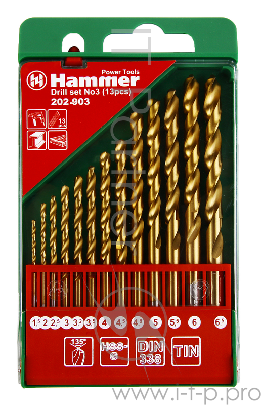 Буры,сверла,долото Набор сверел Hammer Flex 202-903 DR set No3 (13pcs) 1,5-6,5mm металл, 13шт. 30784