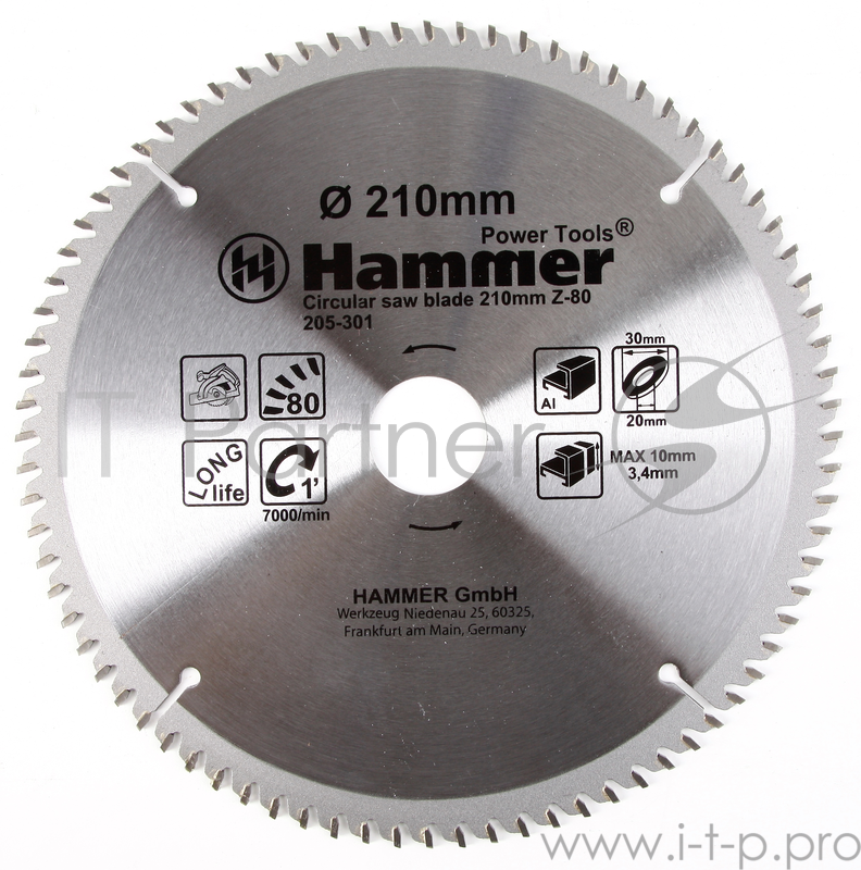 Диски отрезные,пильные,шлифовальные Диск пильный Hammer Flex 205-301 CSB AL 210мм*80*30/20мм по алюминию 30681