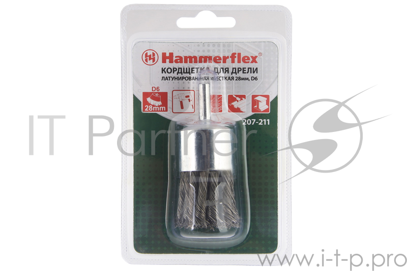 Кордщетка Hammerflex 207-211 28мм d6 тип венчик, латунированная, из волнистой проволоки, с хвостов
