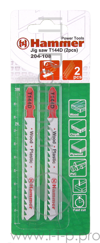 Пилка для лобзика Hammerflex 204-108 JG WD-PL T144D (2pcs) дерево, быстро, 74мм, шаг 4.0-5.2, HCS