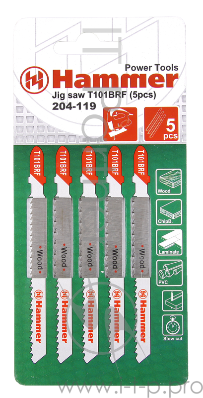 Пилка для лобзика Hammer Flex 204-119 JG WD T101BRF деревопластик, 74мм, шаг 2.5, BiM, 5шт.