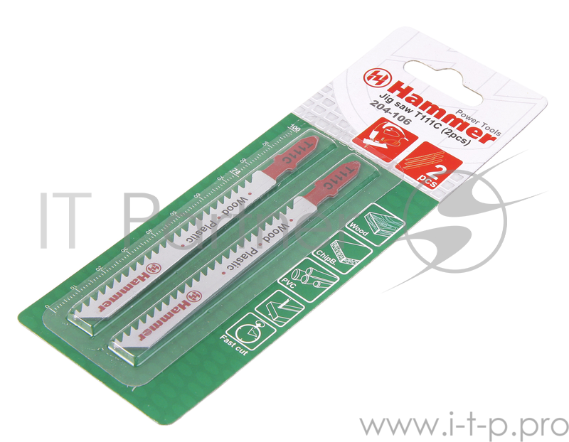 Пилка для лобзика Hammer Flex 204-106 JG WD-PL T111C мягк.дерпл, 74мм, шаг 3.0, HCS, 2 шт.