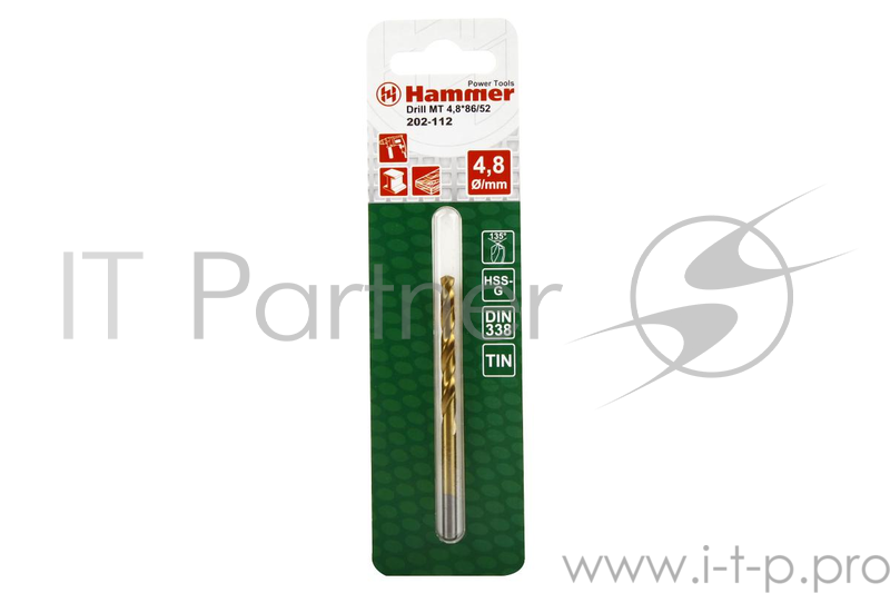 Сверло HAMMER Flex 202-112 DR MT 4,8мм*86/52мм металл, DIN338, HSS-G, TIN