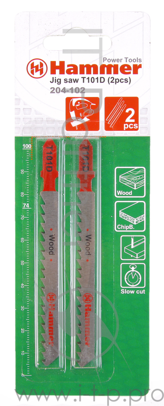 Пилка для лобзика Hammer Flex 204-102 JG WD T101D деревопластик, 74мм, шаг 4.0-5.2, HCS, 2шт.