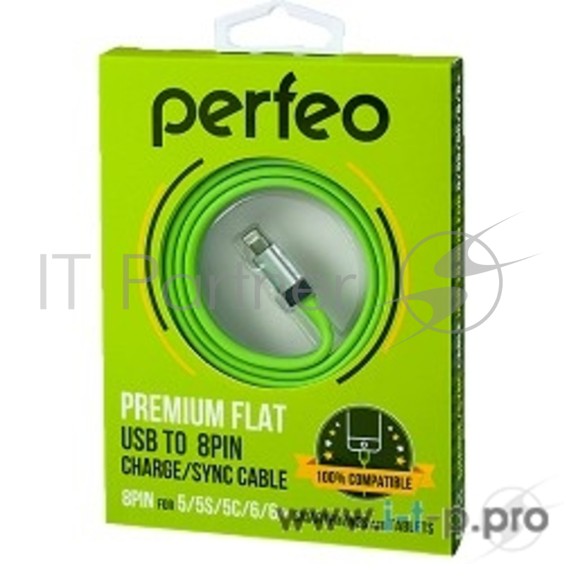 Кабель PERFEO Плоский кабель для iPhone 5/6, USB - 8 PIN (Lightning), зеленый, длина 1,2 м. (I4506)