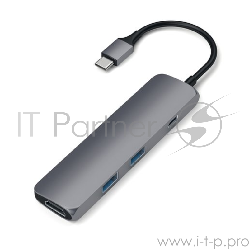 USB адаптер Satechi Slim Aluminum Type-C Multi-Port Adapter with Type-C Charging Port. Интерфейс USB-C. Порты USB Type-C, 2хUSB 3.0, 4K HDMI. Цвет серый космос.