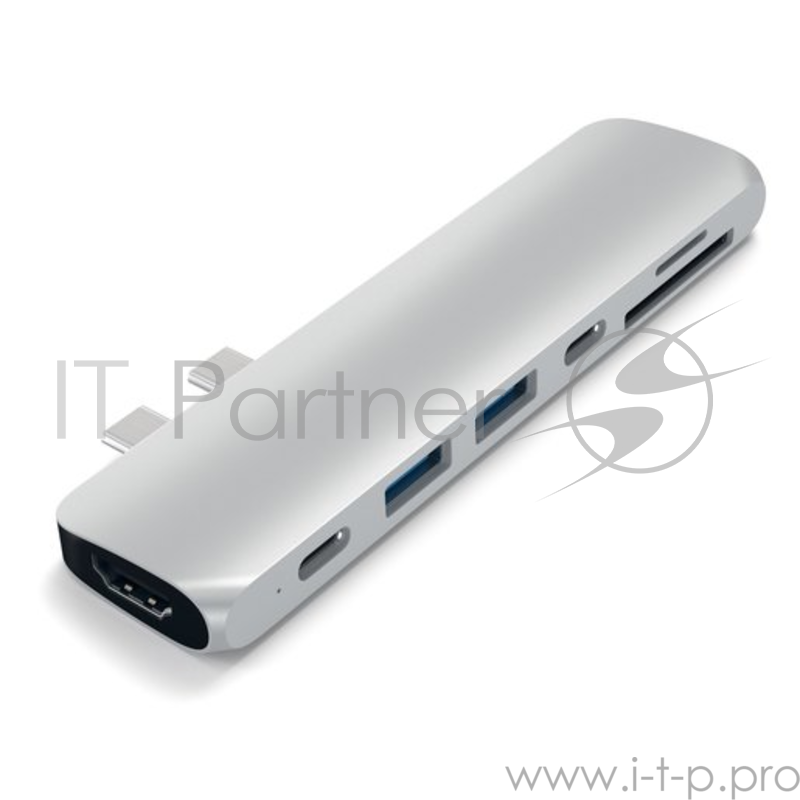 USB-хаб Satechi Aluminum Pro Hub для Macbook Pro (USB-C). Порты: HDMI, Thunderbolt 3, USB Type-C, SD, microSD, 2 x USB 3.0. Цвет серебряный.