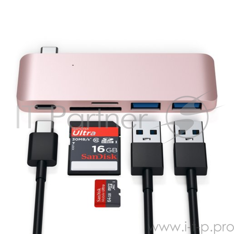 USB-хаб Satechi Type-C USB 3.0 Passthrough Hub для Macbook 12. Порты: 1x USB-C, 2 x USB 3.0, SD, microSD. Цвет розовое золото.