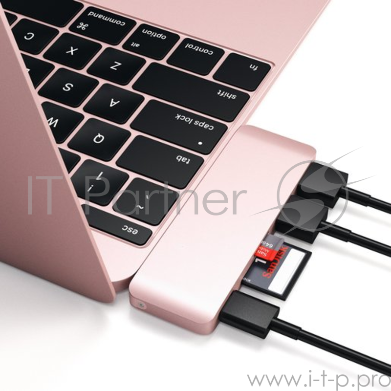 USB-хаб Satechi Type-C USB 3.0 Passthrough Hub для Macbook 12. Порты: 1x USB-C, 2 x USB 3.0, SD, microSD. Цвет розовое золото.