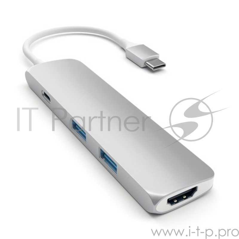 USB адаптер Satechi Slim Aluminum Type-C Multi-Port Adapter with Type-C Charging Port. Интерфейс USB-C. Порты USB Type-C, 2хUSB 3.0, 4K HDMI. Цвет серебряный.