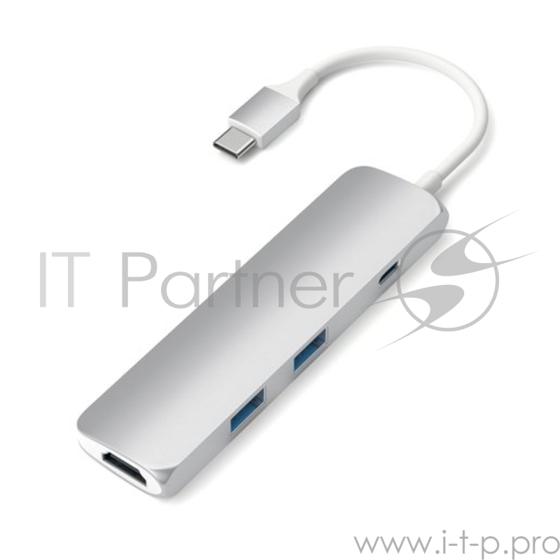 USB адаптер Satechi Slim Aluminum Type-C Multi-Port Adapter with Type-C Charging Port. Интерфейс USB-C. Порты USB Type-C, 2хUSB 3.0, 4K HDMI. Цвет серебряный.