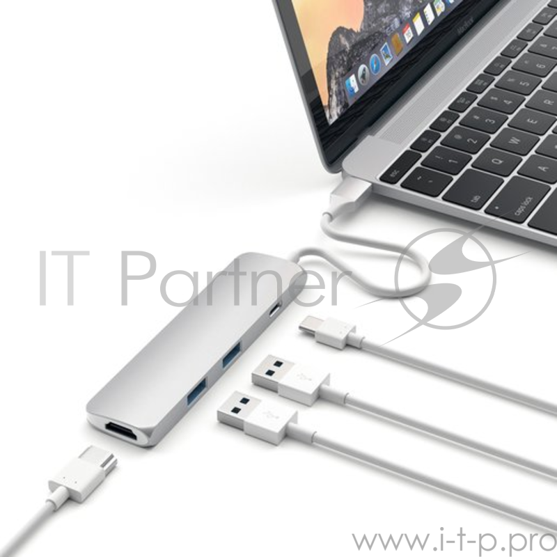 USB адаптер Satechi Slim Aluminum Type-C Multi-Port Adapter with Type-C Charging Port. Интерфейс USB-C. Порты USB Type-C, 2хUSB 3.0, 4K HDMI. Цвет серебряный.