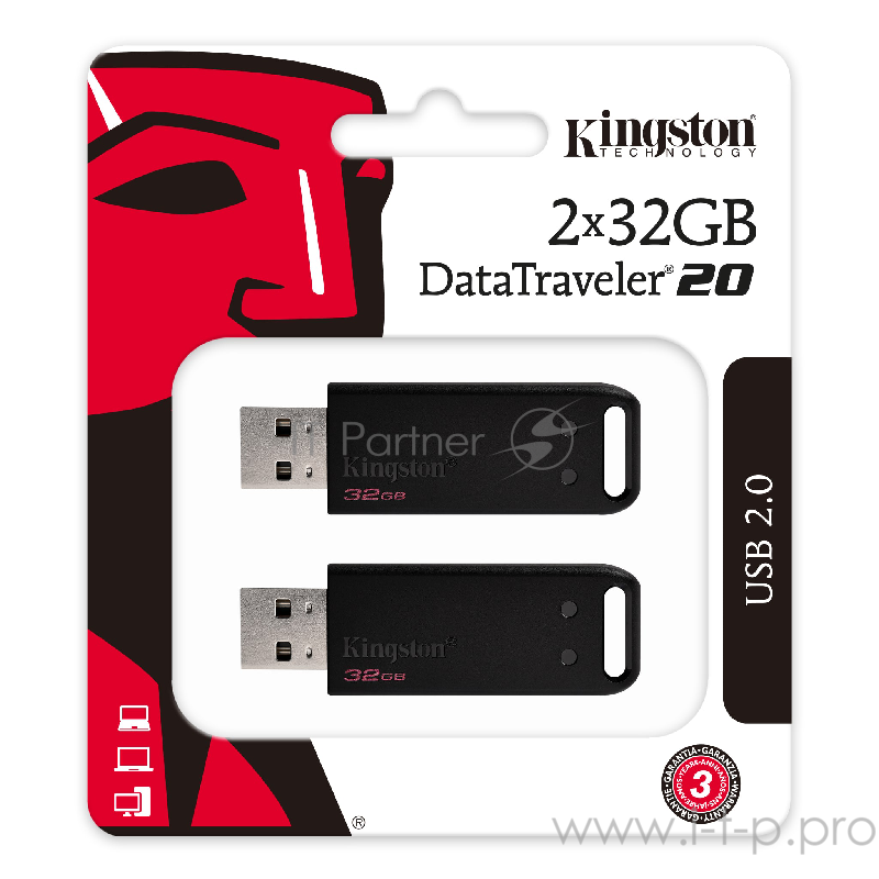 Флеш Диск Kingston 32Gb DataTraveler DT20 <DT20/32GB-2P>, USB2.0 черный, 2шт