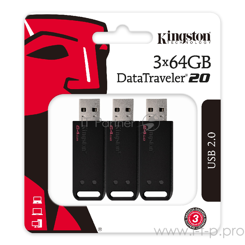 Флеш Диск Kingston 64Gb DataTraveler DT20 <DT20/64GB-3P>, USB2.0 черный, 3шт