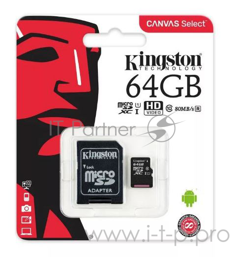 Флеш карта microSDHC 64GB microSDXC Class10 Kingston <SDCS2/64GB> Class10 UHS-I Canvas Select up to 100MB/s с адапт.