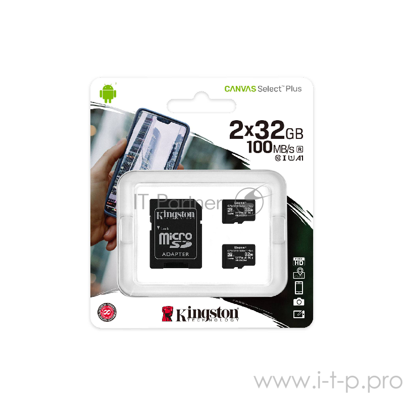 Флеш карта microSDHC 32GB microSDXC Class10 Kingston <SDCS2/32GB-2P1A> Class10 UHS-I Canvas Select up to 100MB/s с адапт.