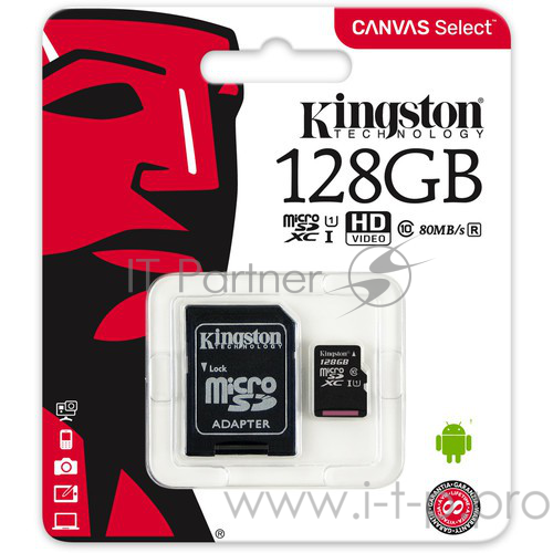 Флеш карта microSDHC 128GB microSDXC Kingston <SDCS2/128GB> Class10 UHS-I Canvas Select up to 100MB/s с адапт.