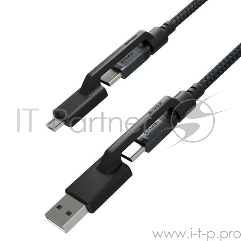 Кабель Nomad Universal Cable Kevlar 3 in 1. Основной кабель Type-C to Type-C, переходники USB-A, Micro USB. Материал кевлар. Длина 0.3 м. Цвет чёрный.