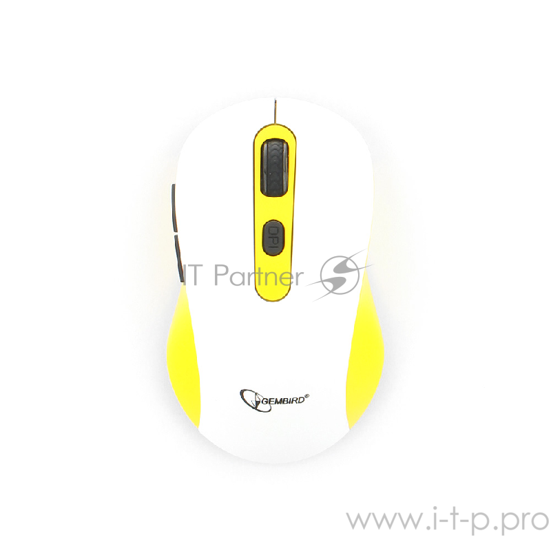 Мышь беспров. Gembird MUSW-221-Y, белый/жёлтый, 5кн.+колесо-кнопка, 800/1200/1600DPI, 2.4ГГц