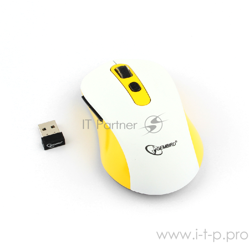 Мышь беспров. Gembird MUSW-221-Y, белый/жёлтый, 5кн.+колесо-кнопка, 800/1200/1600DPI, 2.4ГГц