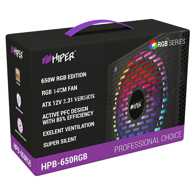 блок питания для ПК 650 Ватт PSU HIPER HPB-650RGB (ATX 2.31, 650W, ActivePFC, RGB 140mm fan, Black) BOX