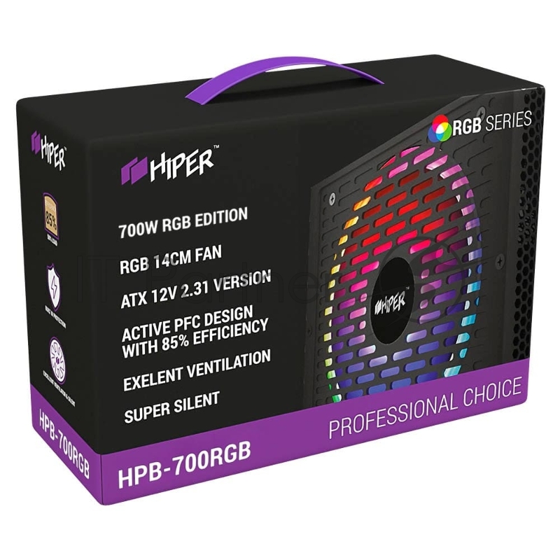 блок питания для ПК 700 Ватт PSU HIPER HPB-700RGB (ATX 2.31, 700W, ActivePFC, RGB 140mm fan, Black) BOX
