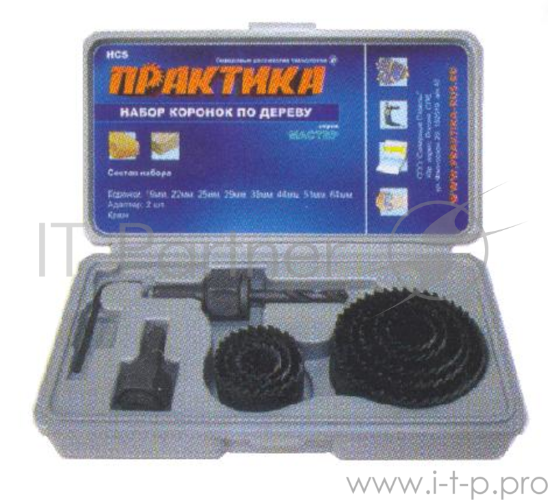 Набор коронок ПРАКТИКА 773-262 HCS (по дереву), 8шт.: 19,22,25,29,38,44,51,64мм + два адаптера