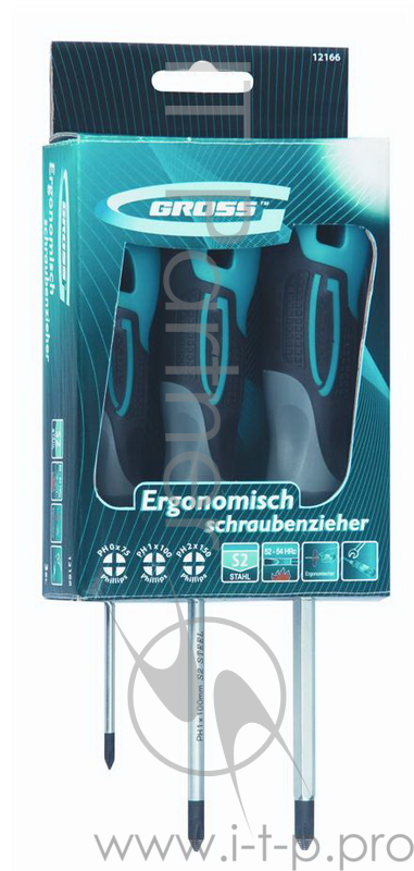 Набор отверток GROSS 12166 3 шт, PH S2, трехкомпонентная рукоятка PH0, PH1, PН2