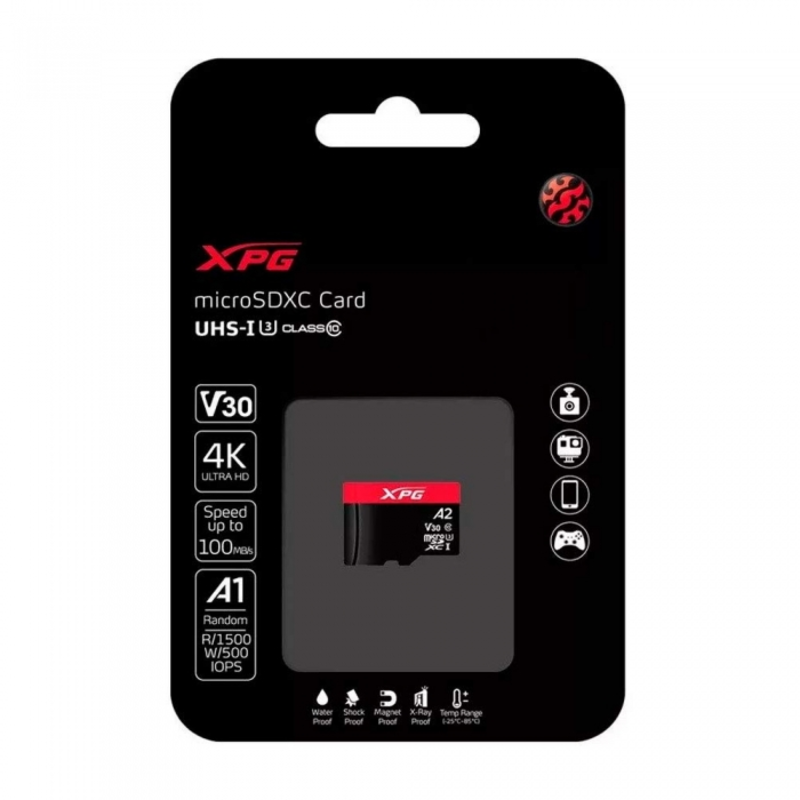 microSDXC 128GB XPG Gaming Memory Card AUSDX128GUI3XPGA2-R UHS-I U3 Class 10 V30 A2, 100/85 MB/s, For Nintendo Switch™ / Smartphones / Tablets / VR devices, - 25°C to 85°C, RTL