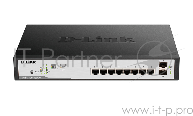 Коммутатор (роутер) D-Link DGS-1100-10MPP/C1A, L2 Smart Switch with 8 10/100/1000Base-T and 2 1000Base-X SFP ports (6 PoE ports 802.3af/802.3at(30 W), 2 PoE ports 802.3af/802.3at/UPoE 802.3bt draft (75 W) PoE Budget 242