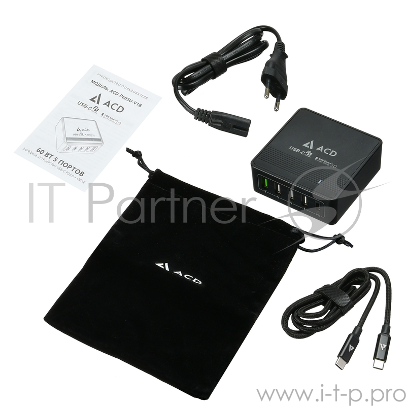 Сетевое зарядное устройство CЗУ (ACD-P605U-V1B) 60Вт, Сетевое ЗУ 5xUSB 1PD+1QC+3Smart, 3.6~20В/3А RTL {40}