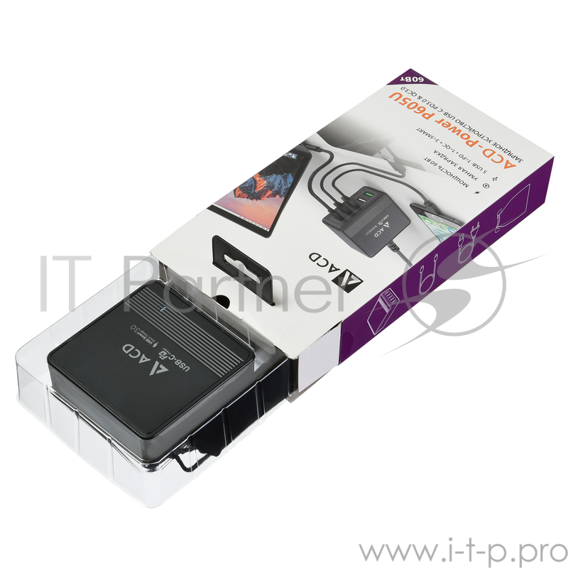 Сетевое зарядное устройство CЗУ (ACD-P605U-V1B) 60Вт, Сетевое ЗУ 5xUSB 1PD+1QC+3Smart, 3.6~20В/3А RTL {40}