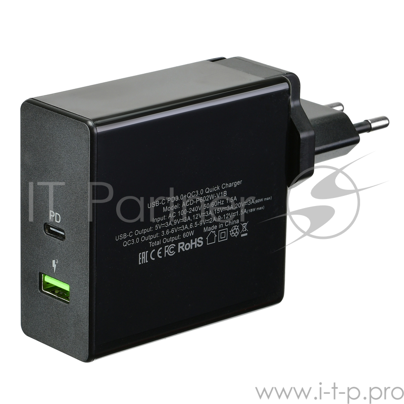 Сетевое зарядное устройство СЗУ (ACD-P602W-V1B) 60Вт, Сетевое ЗУ 2xUSB 1PD+1QC, 3.6~20В/3А RTL {40}