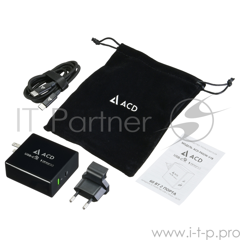 Сетевое зарядное устройство СЗУ (ACD-P602W-V1B) 60Вт, Сетевое ЗУ 2xUSB 1PD+1QC, 3.6~20В/3А RTL {40}