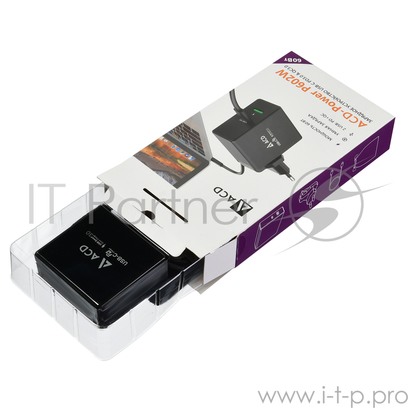 Сетевое зарядное устройство СЗУ (ACD-P602W-V1B) 60Вт, Сетевое ЗУ 2xUSB 1PD+1QC, 3.6~20В/3А RTL {40}