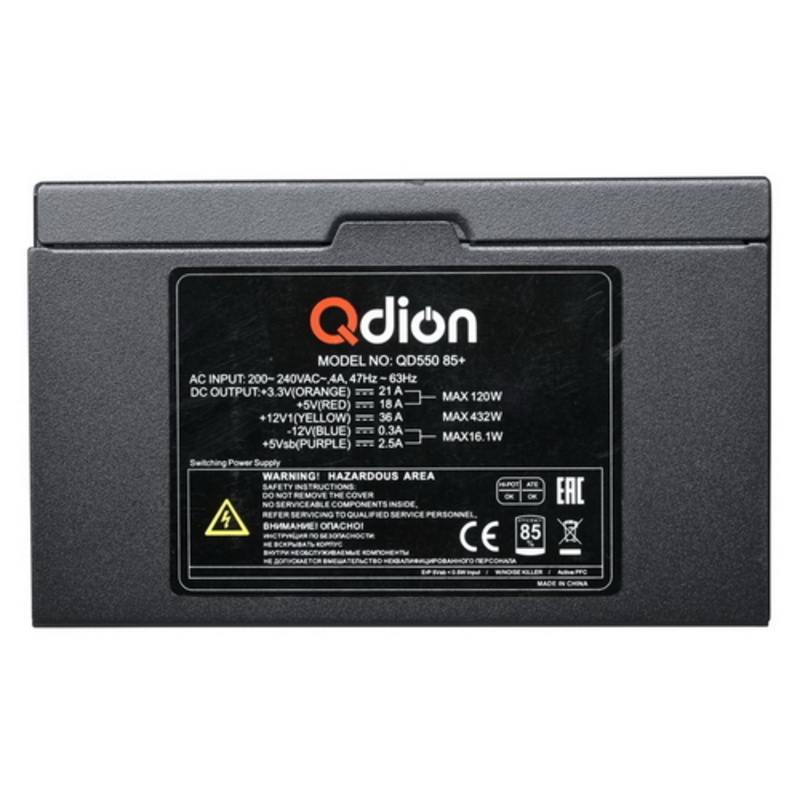 Блок питания QD550 85+ ATX QD550 85+, 550W 85+ real, 12cm fan, 24+4pin, CPU4+4,PCI-E 6+2pin,5*sata,3*molex,1*fdd pin, input 230V,I/O switch,without power cord