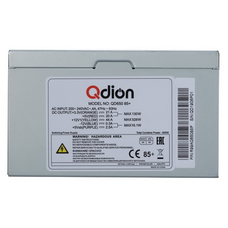 Блок питания QD650 85+ ATX QD650 85+,650W 85+ real,12cm fan, 24+4pin, CPU4+4,PCI-E 6+2 to 6+2pin,5*sata,3*molex,1*fdd pin, input 230V,I/O switch, power cord 1.5m
