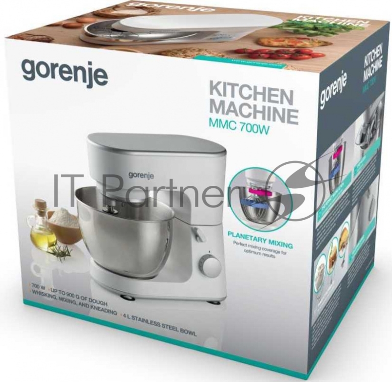 Кухонная машина Gorenje MMC700W, Мощность мотора: 700 Вт, Количество скоростей: 6, Авторегулировка скорости смешивания в зависимости от смеси, Насадки кухонного комбайна: Насадка для теста, Лопатка для смешивания, Венчик для взбивания, Объем емкости