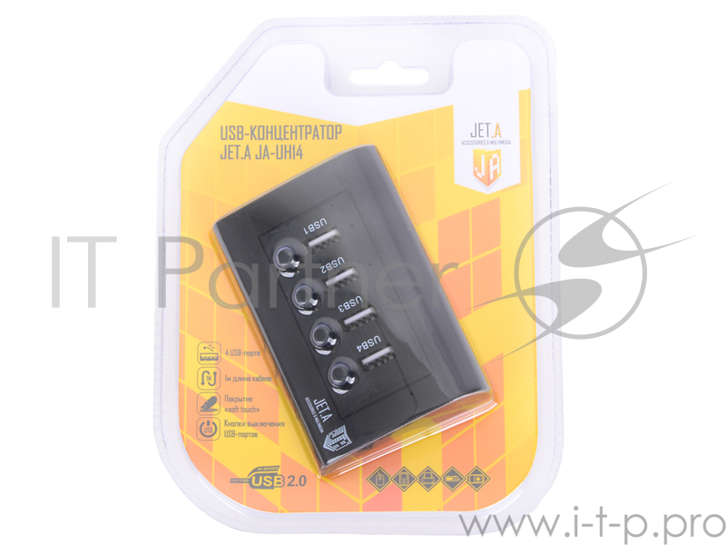 USB-концентратор Jet.A JA-UH14 на 4 порта USB 2.0, с выключателями портов, чёрный