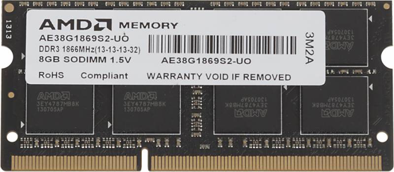 Память SO-DIMM DDR3 AMD 8Gb 1866MHz R738G1869S2S-UO OEM PC3-14900 CL13 204-pin 1.5В