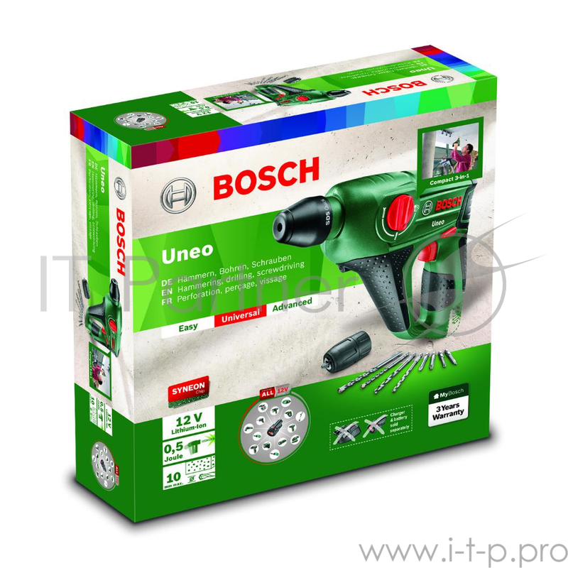 Дрель-шуруповёрт Bosch Uneo 060398400C, аккум., ударная (Li-Ion 12В, 900об.мин., 4800уд./мин., SDS-quick) + набор бит и сверл (без аккум.)