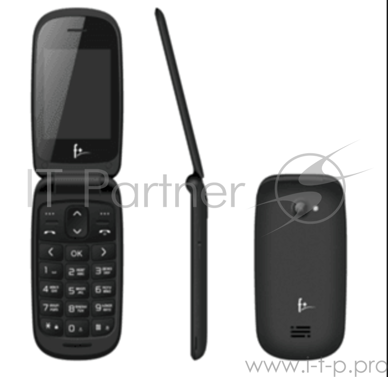 Телефон сотовый f+ Flip1 Black, 2.4 240х320, 260MHz, 1 Core, 32MB RAM, 32MB, up to 16GB flash, 0.08Mpix, 2 Sim, BT v2.1, Micro-USB, 750 мА·ч, 78g, 99,9 ммx52 ммx14,9 мм