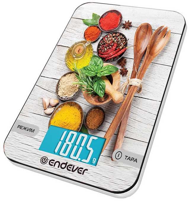 Весы кухонные электронные Endever Chief-509, рисунок Столовые Приборы, вес от 2 г до 5 кг, закаленное стекло, автовыключение