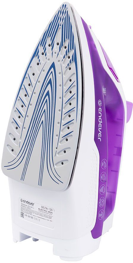 Утюг Endever Delta 120, 1200 Вт., подача пара 20 г/мин, паровой удар 120 г/мин, подошва керамическая, белый/сиреневый