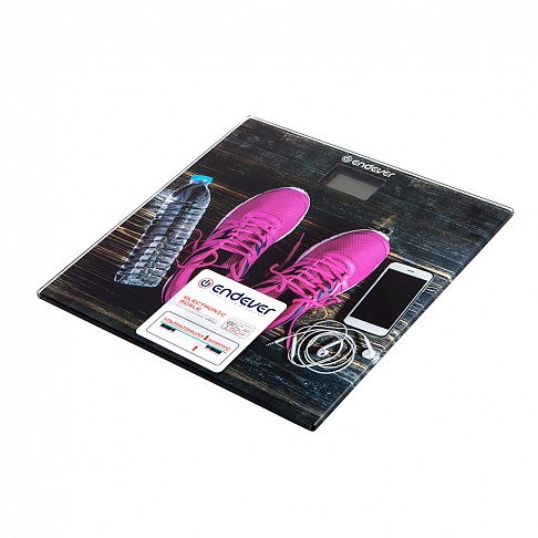 Весы напольные Endever Aurora-560, рисунок Кроссовки, материал закаленное стекло, максимальный вес 150 кг, включение одним нажатием