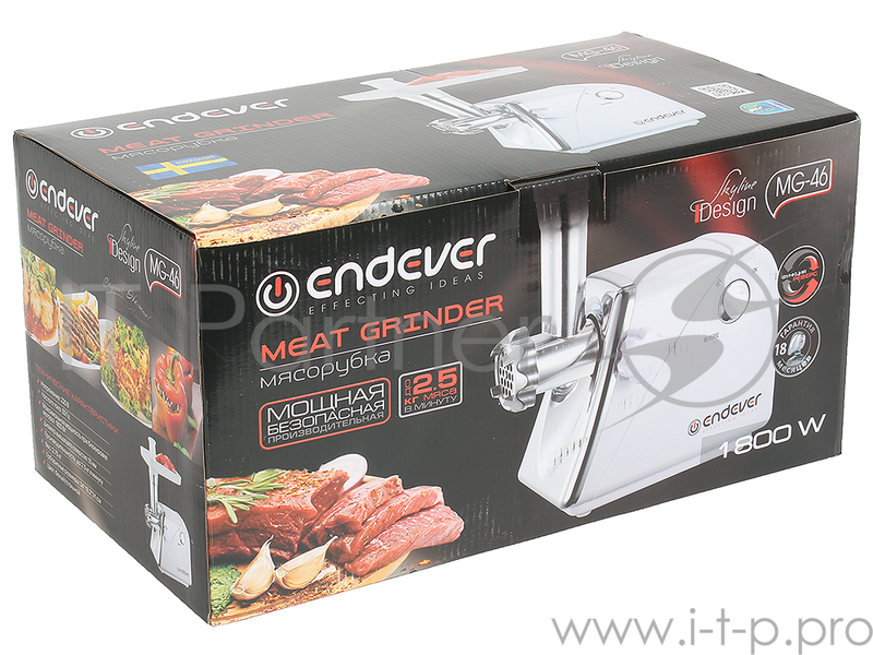 Мясорубка Endever Skyline MG-46 1800Вт, про-сть до 2,5 кг/мин, реверс, 2 решетки, загрузочный лоток, толкатель, стальной нож, белый